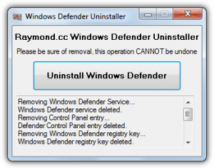 Windows Defender Uninstaller screenshot